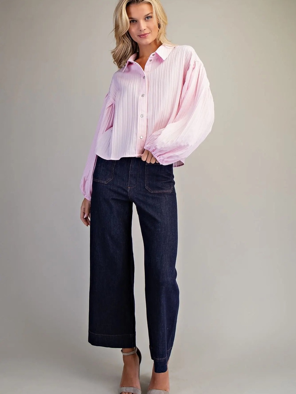 K9500 Bubble Sleeve Button Down Blouse-PInk - Picture 5 of 5